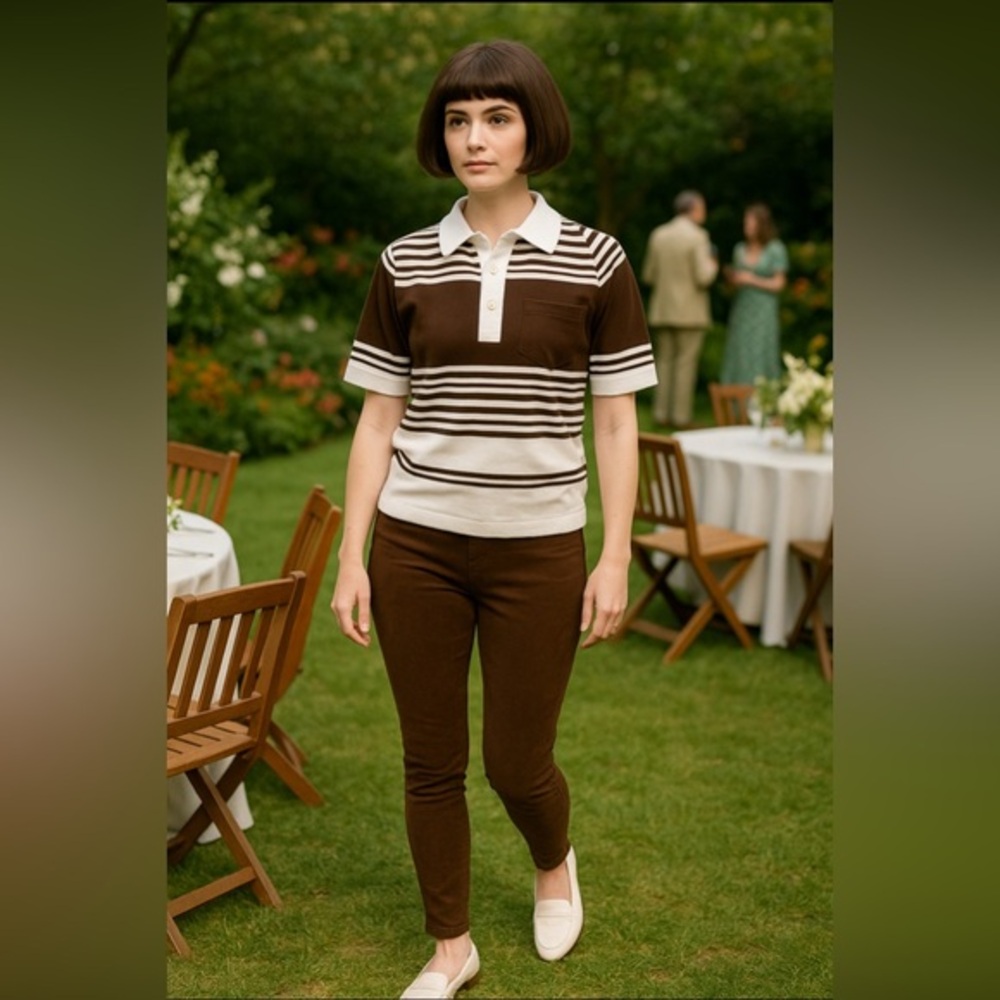 Vintage 70’s Golf  Shirt 👕,buttoned, brown/white/tan stripe, short sleeve.